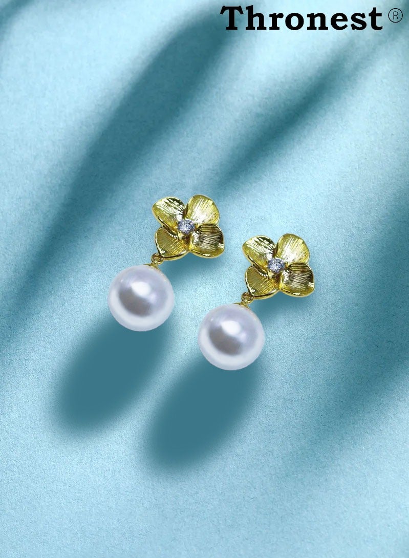 عرش أقراط أنيقة من الذهب عيار 18 قيراط، أقراط متدلية من اللؤلؤ بتصميم بتلات اللؤلؤ، هدايا مجوهرات فاخرة لا تسبب الحساسية لحفلات الزفاف والحفلات والملابس اليومية - Image 2