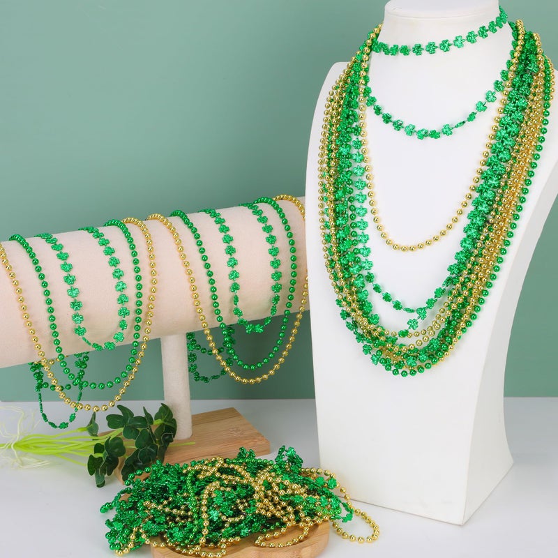 Huskein 24 PCS St Particks Day Necklaces, Plastic St Patrick's Day Necklace, Green and Gold Beads Shamrocks Necklace, Irish Beer Decorations Supplies, Shamrocks Bead Necklace Set, St. Patricks Day Accessories - Image 4