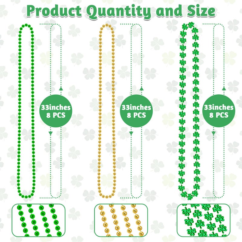 Huskein 24 PCS St Particks Day Necklaces, Plastic St Patrick's Day Necklace, Green and Gold Beads Shamrocks Necklace, Irish Beer Decorations Supplies, Shamrocks Bead Necklace Set, St. Patricks Day Accessories - Image 2