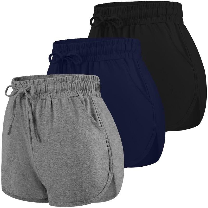 URATOT 3 Packs Women Sport Shorts Cotton Yoga Running Workout Shorts Summer Athletic Pant with Drawstring and Pockets - Image 1