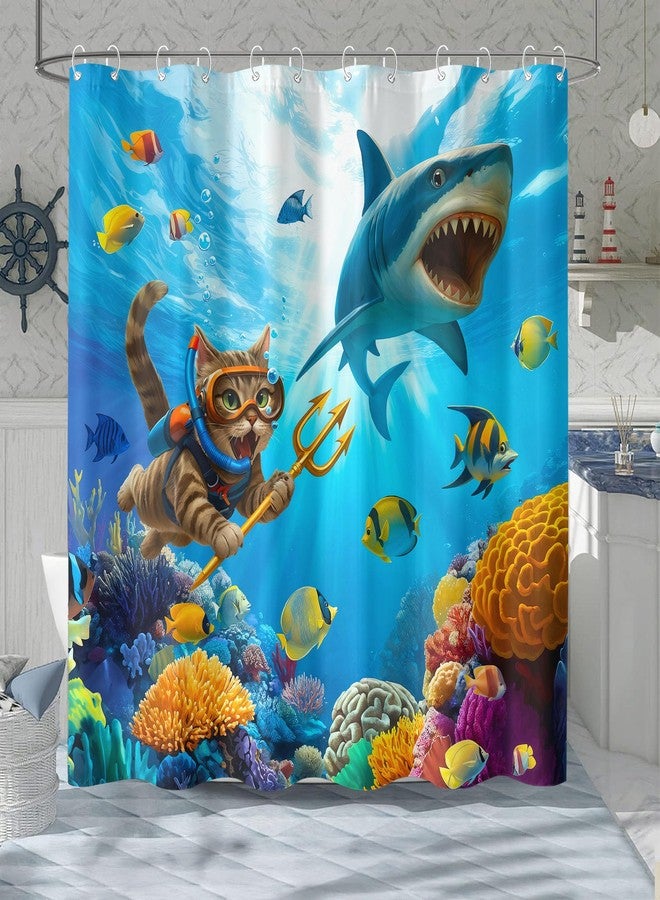Fowocu Funny Cat Shark Shower Curtain Ocean Tropical Fish Shower Curtains for Bathroom Kids Cute Fun Underwater World Coral Coastal Waterproof Fabric Bath Curtain Decor 72 X 72 Inches - Image 2