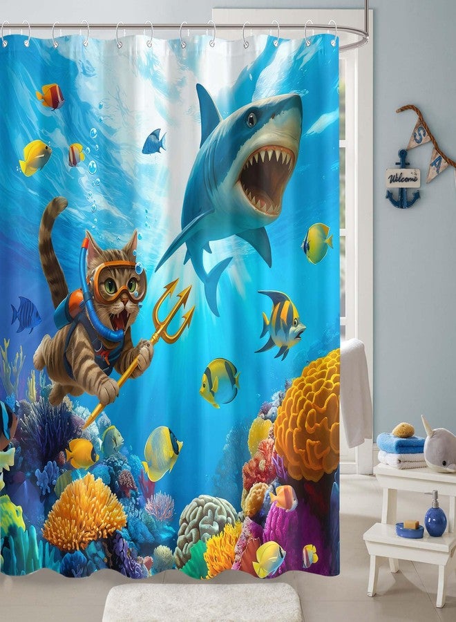 Fowocu Funny Cat Shark Shower Curtain Ocean Tropical Fish Shower Curtains for Bathroom Kids Cute Fun Underwater World Coral Coastal Waterproof Fabric Bath Curtain Decor 72 X 72 Inches - Image 3