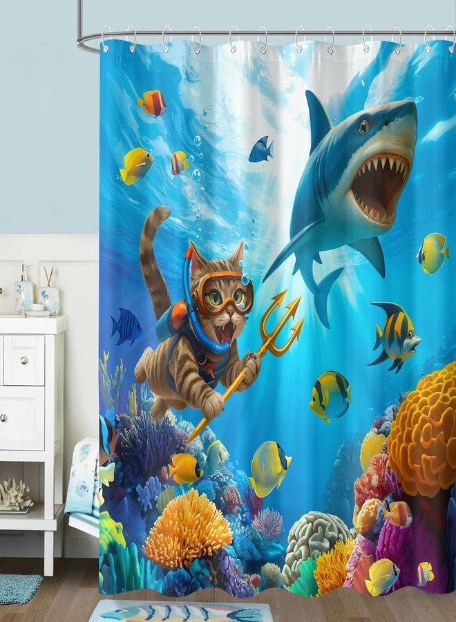 Fowocu Funny Cat Shark Shower Curtain Ocean Tropical Fish Shower Curtains for Bathroom Kids Cute Fun Underwater World Coral Coastal Waterproof Fabric Bath Curtain Decor 72 X 72 Inches - Image 4