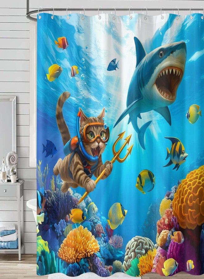 Fowocu Funny Cat Shark Shower Curtain Ocean Tropical Fish Shower Curtains for Bathroom Kids Cute Fun Underwater World Coral Coastal Waterproof Fabric Bath Curtain Decor 72 X 72 Inches - Image 1
