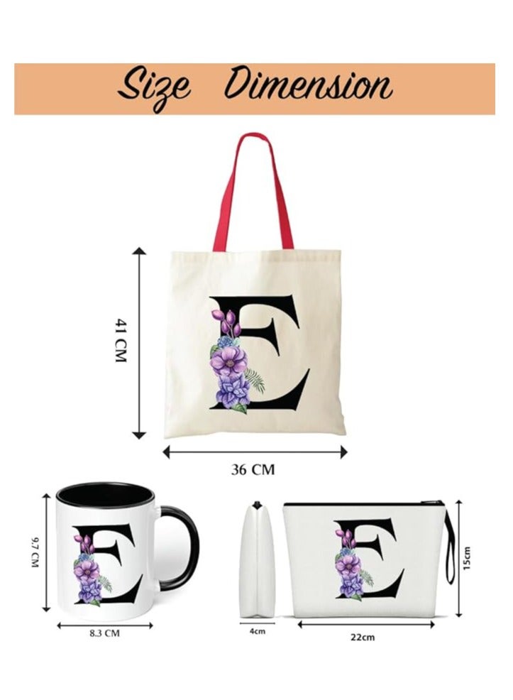 PRINTSHOP4ME Initial Letters Canvas Cotton Tote Bag With Red Handle and Cosmetic pouch for girls - Mug gifts - Pack of 3 Combo set -Giftset for wedding - Gifts for girls - Gift for friends  - Image 3