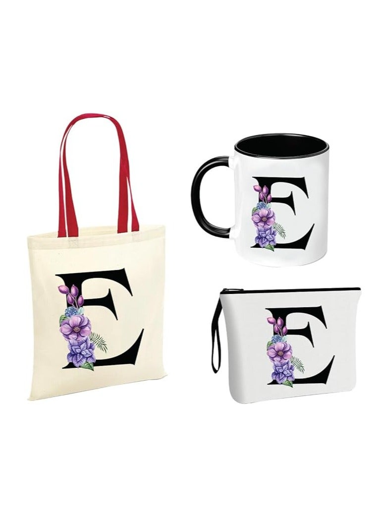 PRINTSHOP4ME Initial Letters Canvas Cotton Tote Bag With Red Handle and Cosmetic pouch for girls - Mug gifts - Pack of 3 Combo set -Giftset for wedding - Gifts for girls - Gift for friends  - Image 1