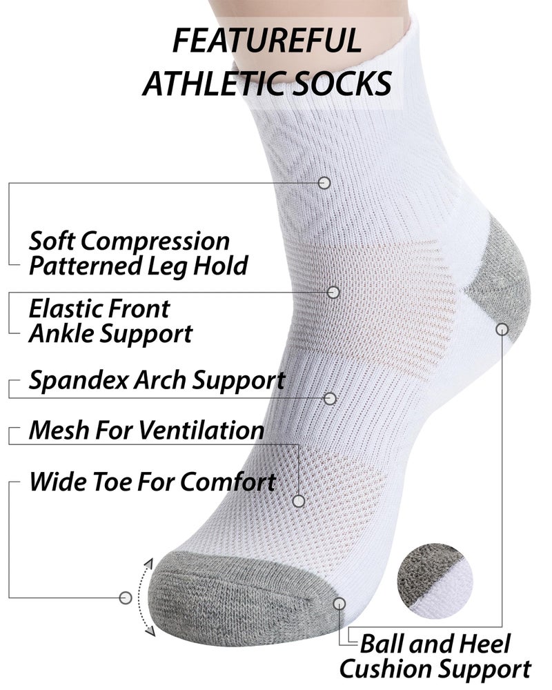Pro Mountain Wide Toe Box For Health Cotton Compression Ankle Socks Athletic Hiking Mesh Quarter Length Size S Women 6-8 White 6 Pairs No Logo - Image 2