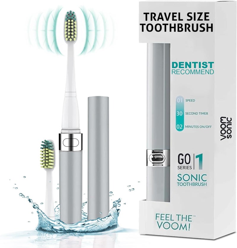 VOOM SONIC Go 1 Series Travel Electric Toothbrush, Travel Toothbrushes - Battery Operated Toothbrush for Adults and Kids, Dentist Recommended Toothbrush, Portable with 2 Minute Timer (Silver) - Image 1