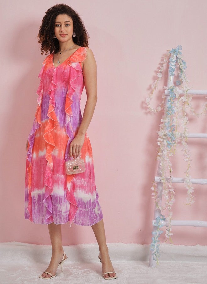 Athena فستان ميدي بتصميم تداخل الألوان مع كشكشة من قماش جورجيت للنساء - Image 5