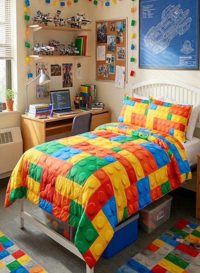 BlessLiving 3 Piece Funny Toy Comforter Set with Pillow Shams Colorful Building Blocks Bedding Set with 3D Printed Designs Reversible Comforter Full/Queen Size Bedding Sets - Image 5