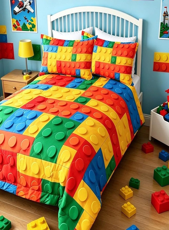 BlessLiving 3 Piece Funny Toy Comforter Set with Pillow Shams Colorful Building Blocks Bedding Set with 3D Printed Designs Reversible Comforter Full/Queen Size Bedding Sets - Image 2