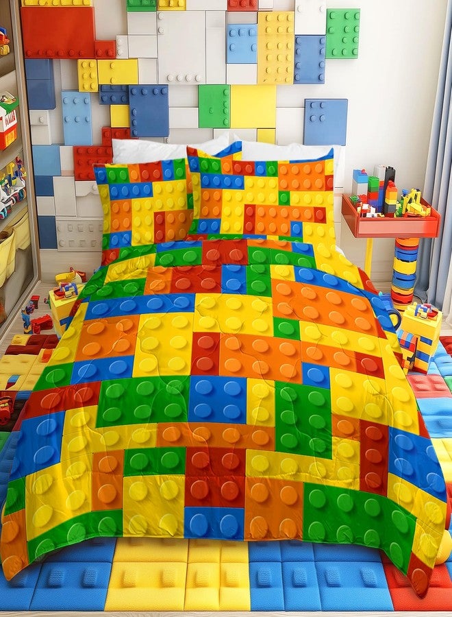 BlessLiving 3 Piece Funny Toy Comforter Set with Pillow Shams Colorful Building Blocks Bedding Set with 3D Printed Designs Reversible Comforter Full/Queen Size Bedding Sets - Image 1