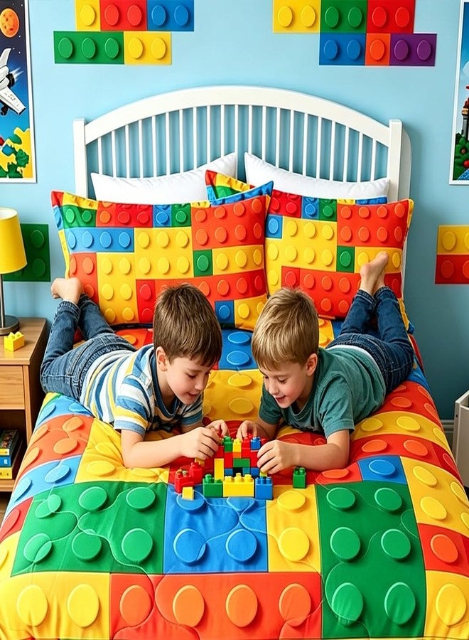 BlessLiving 3 Piece Funny Toy Comforter Set with Pillow Shams Colorful Building Blocks Bedding Set with 3D Printed Designs Reversible Comforter Full/Queen Size Bedding Sets - Image 3