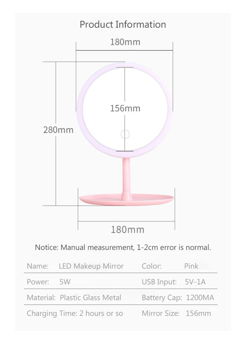 HIAS Luminous LED Makeup Mirror with Touch Sensor – Rechargeable Dimmable Light Vanity Mirror for Dressing Table, Skincare & Beauty Routine | Portable Desktop Mirror with Adjustable Brightness (Pink) - Image 2