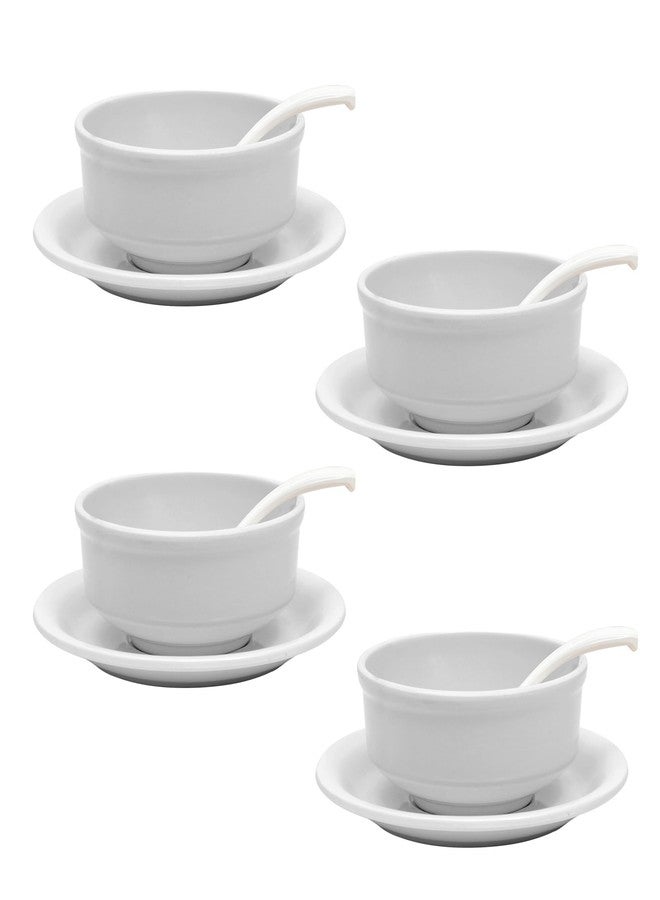 Ariya Melamine Soup Bowl Set (White | Pack of 4 Sets) with Saucer & Spoon, Microwave & Dishwasher Safe Bowls for Soup, Noodles, Cereal, Oatmeal, Pasta, Stain-Free Serving Set for All Occasions - Image 1