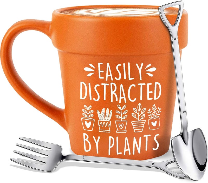 HZIZI Easily Distracted By Plants Funny Plant Pot Mug With Shovel Spoon  Fork  Handmade Plant Lover Gifts for Women Mothers Day gift for Grandma Mom Birthday gifts for Women Flower Pot Cup - Image 1