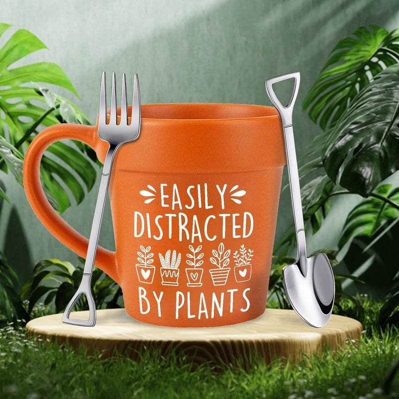 HZIZI Easily Distracted By Plants Funny Plant Pot Mug With Shovel Spoon  Fork  Handmade Plant Lover Gifts for Women Mothers Day gift for Grandma Mom Birthday gifts for Women Flower Pot Cup - Image 2