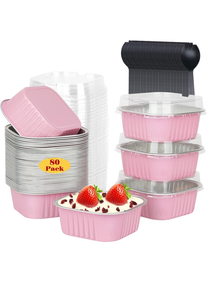 سوفام 9oz/80pack ميني كيك أواني مع الأكمام والملاعق, Small Foil خبز العلب براوني الخبز الأكواب,3.5 "x3.5" براوني كوب كيك راميكنز جامبو كفن بان ميني ألومنيوم الحاويات القابعة -الوردية - Image 1