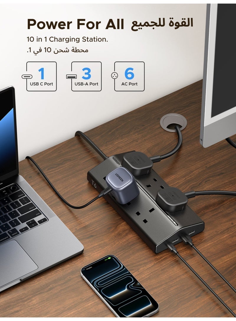Ugreen 10-in-1 Trapezoidal Power Strip, 6 Widely Spaced Outlets, 4 USB Ports (3A1C), GaN Charging Station with Overload Protector Extension Cord, Outlet Extender for Home/Office/Dorm/Travel (1.5M) - Image 3