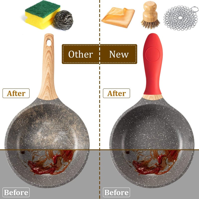 Patelai 7 Pieces Cast Iron Cleaner Set Include Stainless Steel Chainmail Scrubber with Bamboo Dish Scrub Brush Hot Handle Holder 2 Pan Grill Scrapers Kitchen Towel Wall Hook - Image 4