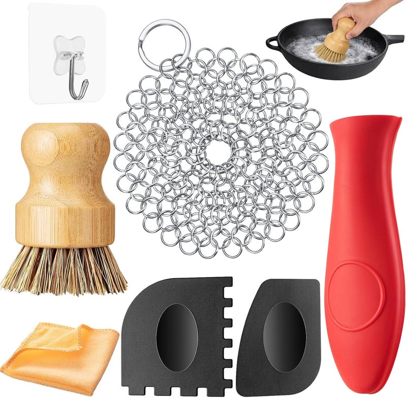 Patelai 7 Pieces Cast Iron Cleaner Set Include Stainless Steel Chainmail Scrubber with Bamboo Dish Scrub Brush Hot Handle Holder 2 Pan Grill Scrapers Kitchen Towel Wall Hook - Image 1