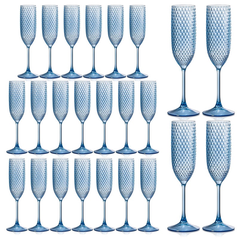 SKLENICE 24 Pack Plastic Champagne Flutes Vintage Light Blue Goblet Champagne Glasses Unbreakable Wedding Toasting Glasses Diamond Wine Glasses Crystal Wine Cups Clear Drinking Glasses 5.5 OZ for Bridal Shower - Image 1