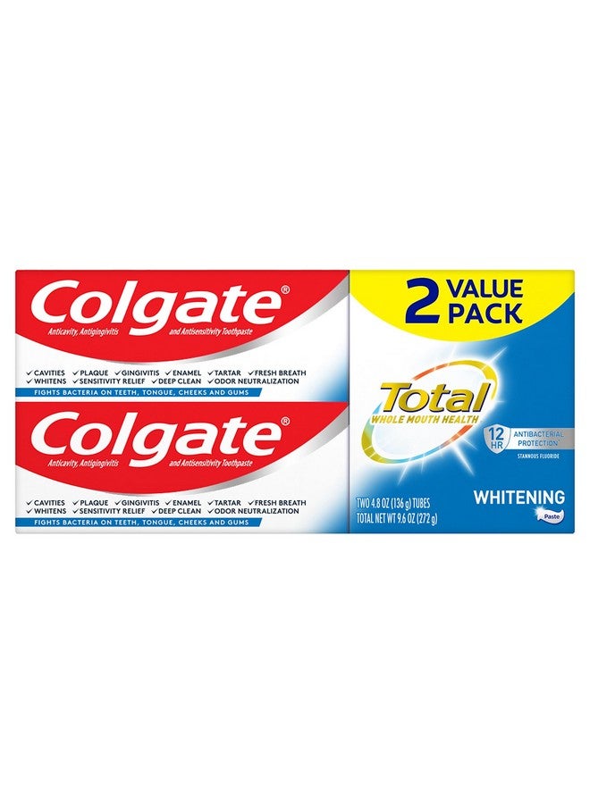 Colgate Total Whitening Toothpaste with Stannous Fluoride and Zinc, Sensitivity Relief and Cavity Protection Mint, 4.8 Oz (Pack of 2)