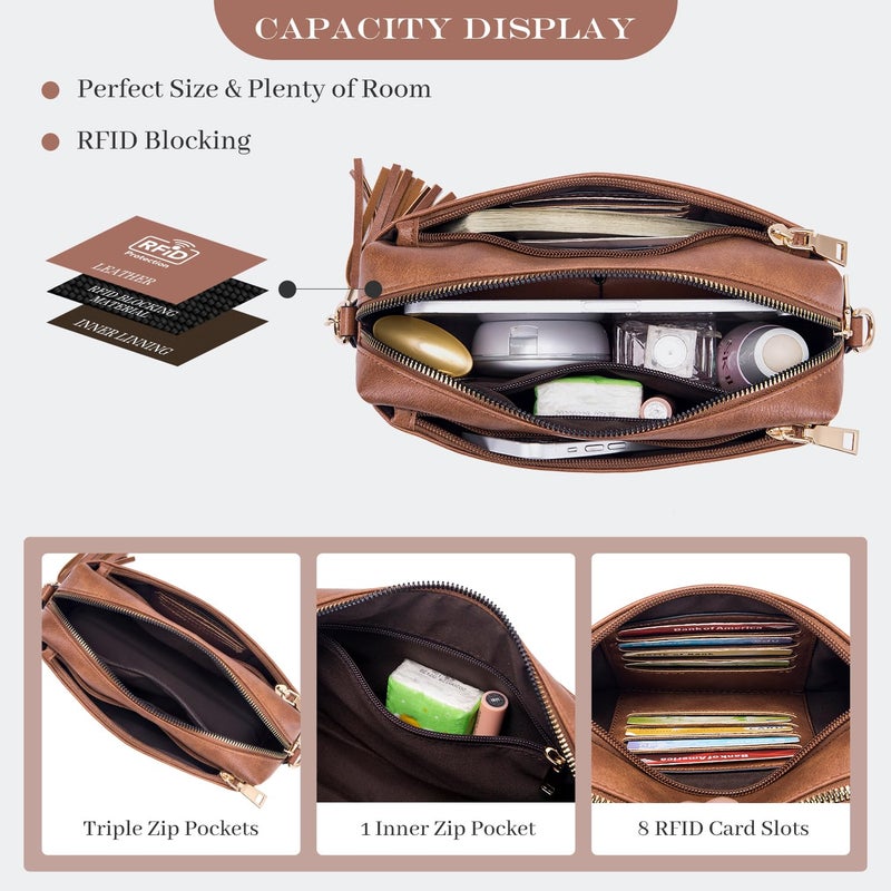 Roulens Triple Zip Small Crossbody Bag for women,Wide Strap Cell Phone Purse Shoulder Handbag Wallet with Credit Card Slots - Image 3