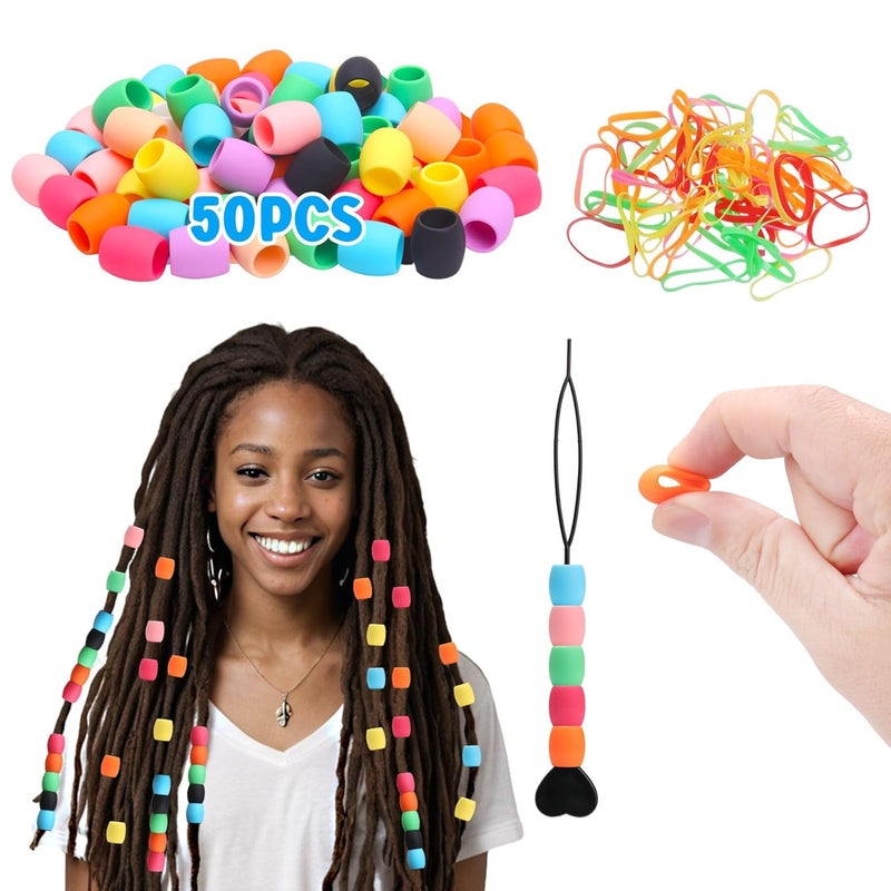 COSOOS 50 Big Silicone Hair Beads for Girls Diameter 9mm Colorful Soft Rubber Hair Beads for Braids for Daughter Women 2 Plastic Quick Beaders for Hair Braids 50 Elastic Rubber Bands