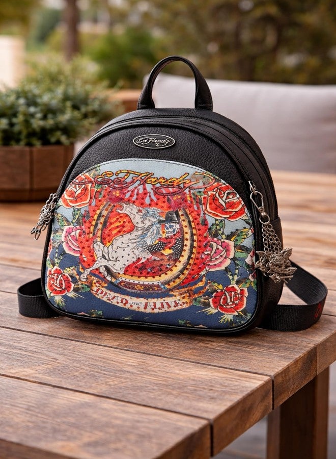 ED HARDY Denim Mini Backpack for Women - Embroidered Skull & Roses Design, Studded Detail, Adjustable Straps, Compact Bag (White Horse Rebel) - Image 3