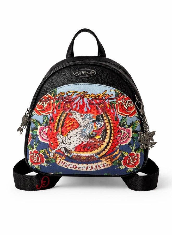 ED HARDY Denim Mini Backpack for Women - Embroidered Skull & Roses Design, Studded Detail, Adjustable Straps, Compact Bag (White Horse Rebel) - Image 1