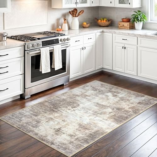 IOHOUZE Abstract Area Rug 3x5 Ft Washable Rugs for Entryway Indoor Non Slip Kitchen Rug Printed Faux Wool Throw Rugs Indoor Door Mat for Door Entrance Foyer Living Room Beige Brown - Image 3