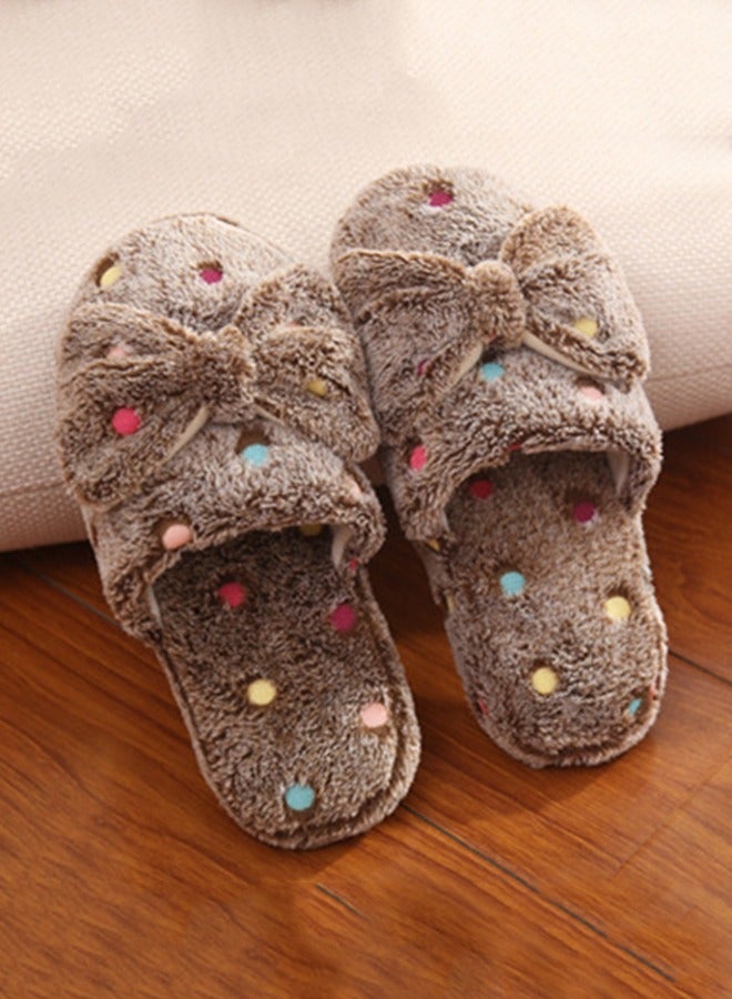 Brown Bow Cotton Slippers For Women Cute Winter Non-Slip Home Warm Cotton Slippers Indoor Sweet Plush Slippers - Image 2