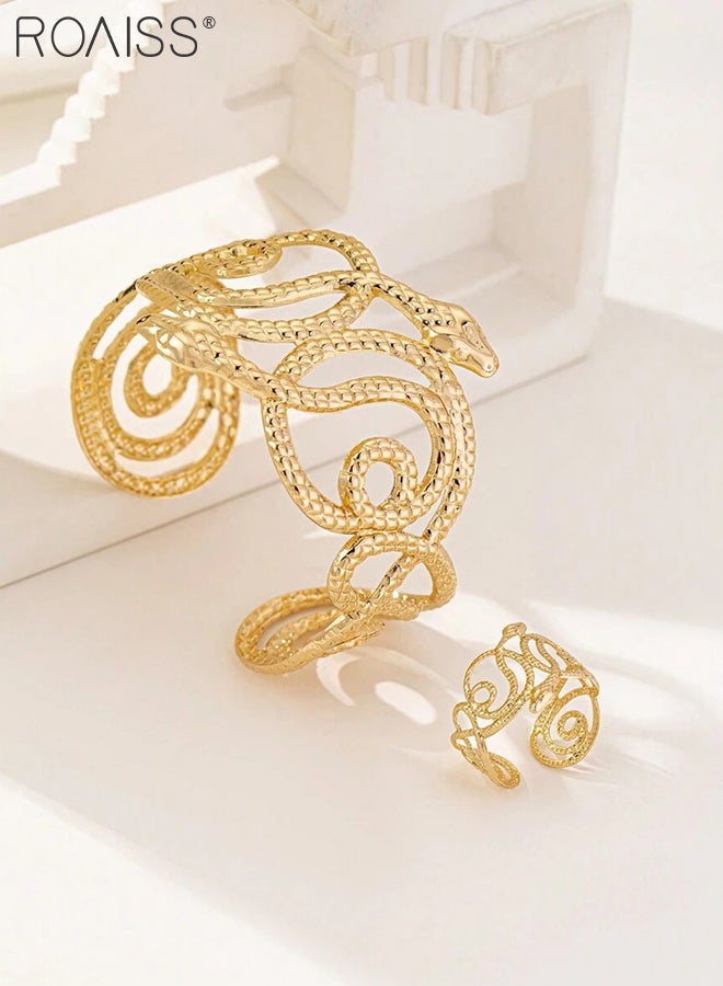 رويس طقم مكون من قطعتين من الأساور والخواتم بتصميم ثعبان، سوار ذهبي ملفوف بثعبان، سوار أنيق وفريد ​​من نوعه بنمط ريترو بانك، مناسب للارتداء اليومي والحفلات والمهرجانات. - Image 5