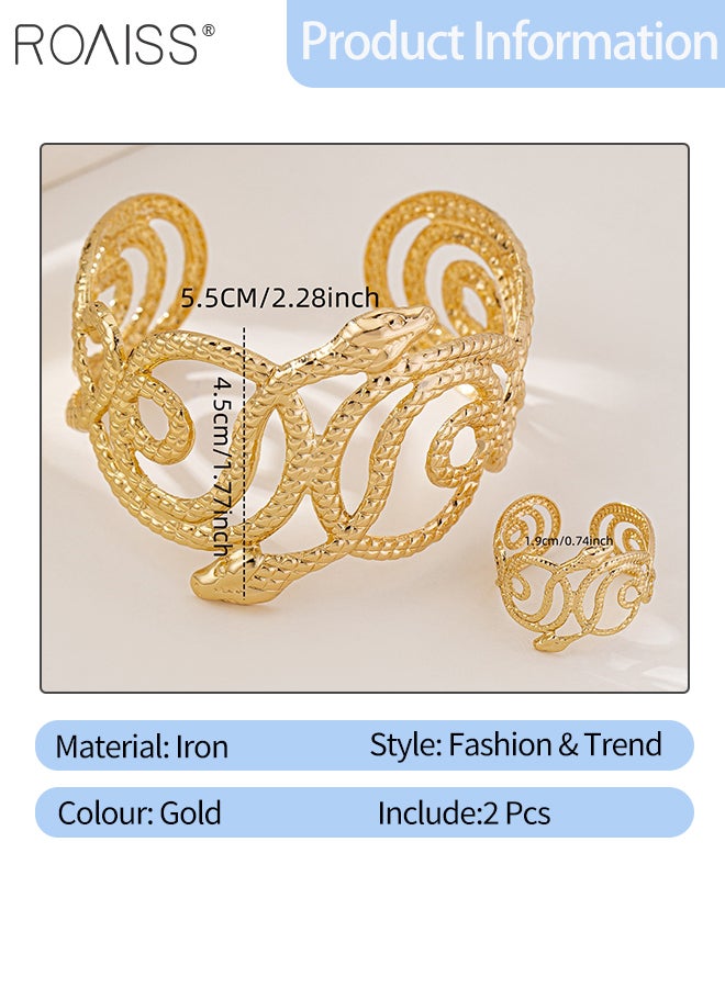 رويس طقم مكون من قطعتين من الأساور والخواتم بتصميم ثعبان، سوار ذهبي ملفوف بثعبان، سوار أنيق وفريد ​​من نوعه بنمط ريترو بانك، مناسب للارتداء اليومي والحفلات والمهرجانات. - Image 2