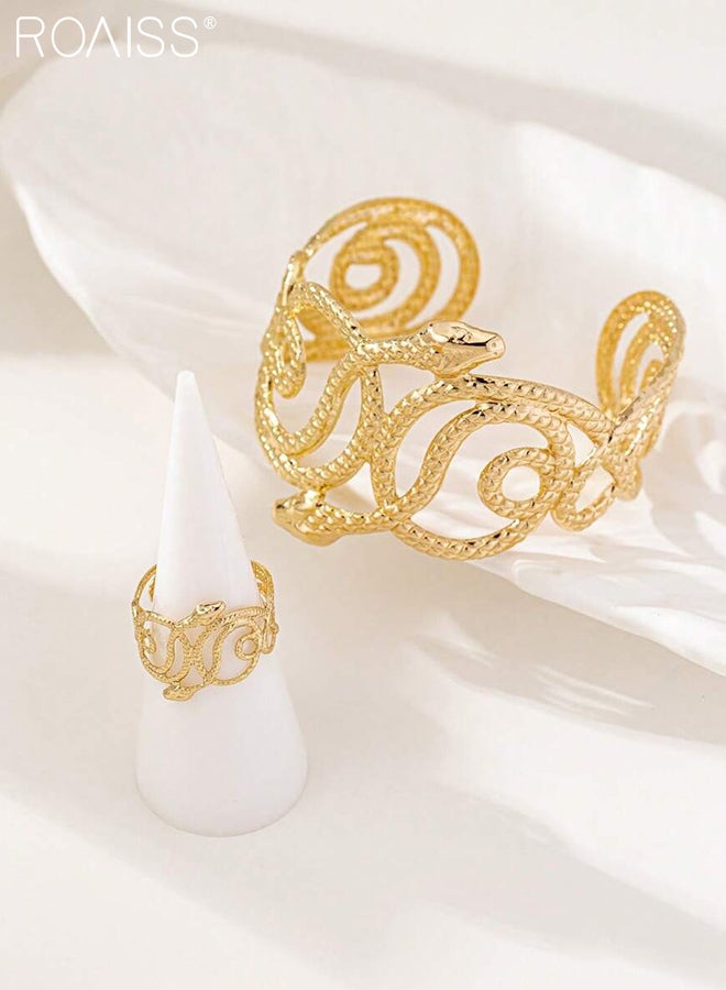 رويس طقم مكون من قطعتين من الأساور والخواتم بتصميم ثعبان، سوار ذهبي ملفوف بثعبان، سوار أنيق وفريد ​​من نوعه بنمط ريترو بانك، مناسب للارتداء اليومي والحفلات والمهرجانات. - Image 4