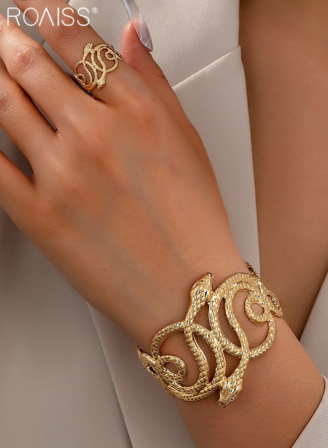 رويس طقم مكون من قطعتين من الأساور والخواتم بتصميم ثعبان، سوار ذهبي ملفوف بثعبان، سوار أنيق وفريد ​​من نوعه بنمط ريترو بانك، مناسب للارتداء اليومي والحفلات والمهرجانات. - Image 3