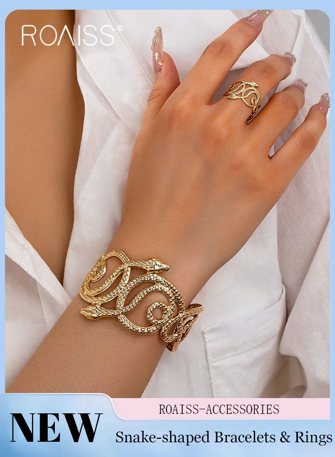 رويس طقم مكون من قطعتين من الأساور والخواتم بتصميم ثعبان، سوار ذهبي ملفوف بثعبان، سوار أنيق وفريد ​​من نوعه بنمط ريترو بانك، مناسب للارتداء اليومي والحفلات والمهرجانات. - Image 1