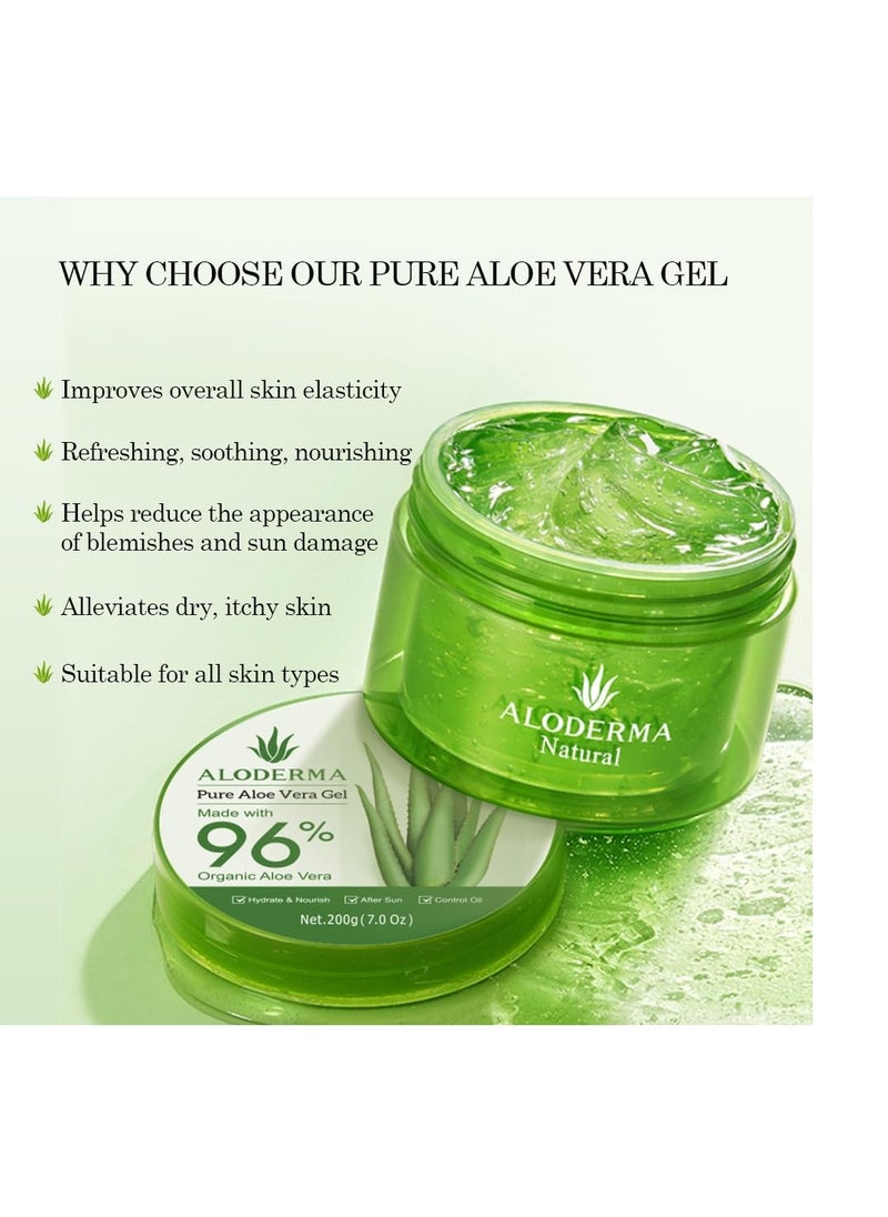 Aloderma - جل الصبار العضوي من ألوديرما للوجه والجسم، جل صبار نقي بنسبة 96% مصنوع خلال 12 ساعة من الحصاد، مثالي لترطيب البشرة وفروة الرأس والشعر، مرطب مهدئ لتخفيف آثار العناية بعد التعرض للشمس، 7 أونصة - Image 1