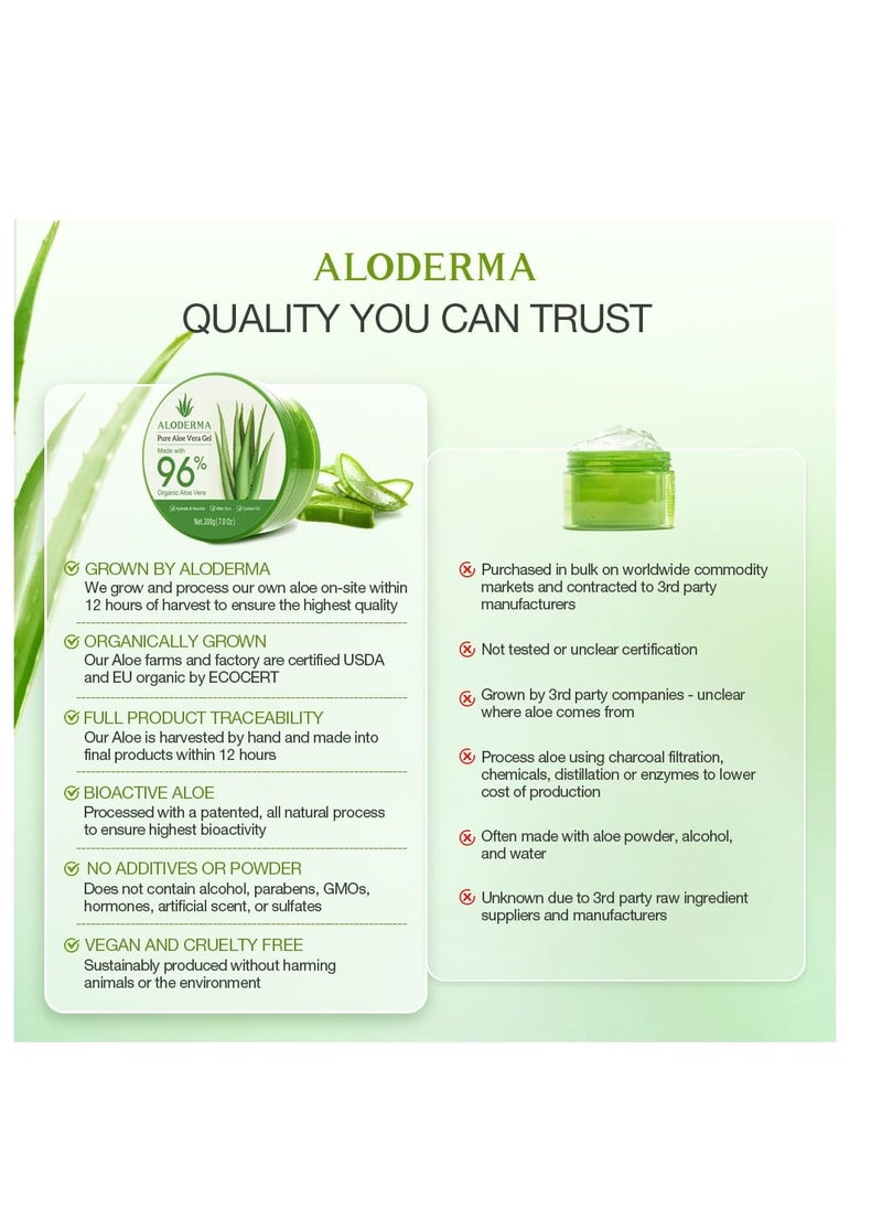 Aloderma - جل الصبار العضوي من ألوديرما للوجه والجسم، جل صبار نقي بنسبة 96% مصنوع خلال 12 ساعة من الحصاد، مثالي لترطيب البشرة وفروة الرأس والشعر، مرطب مهدئ لتخفيف آثار العناية بعد التعرض للشمس، 7 أونصة - Image 1