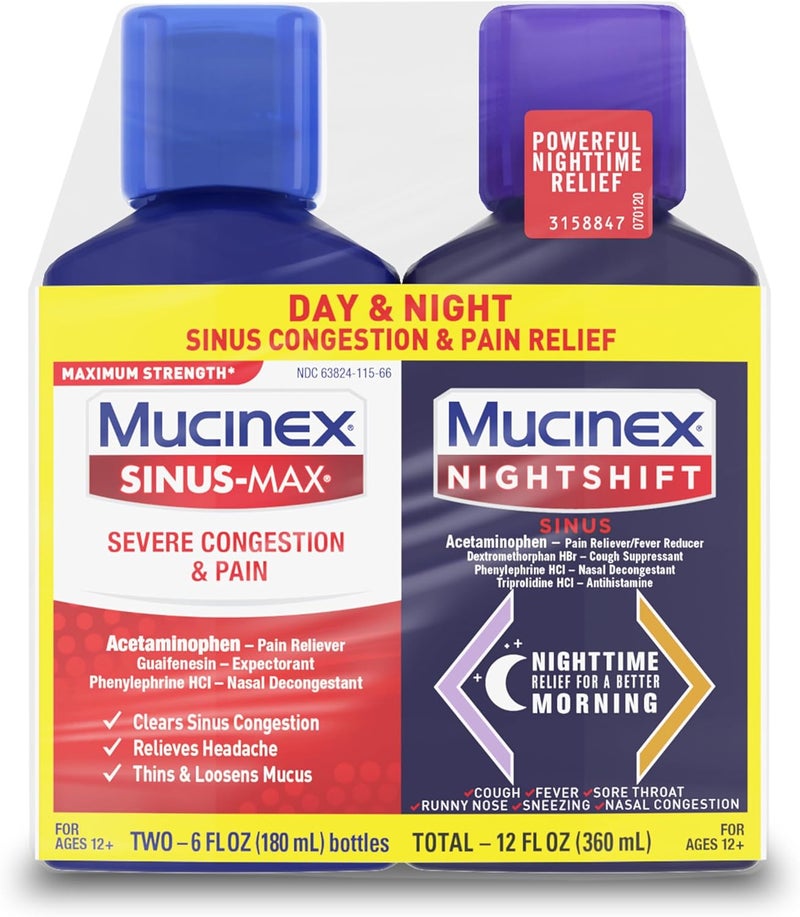 MUCINEX موسينكس أقصى قوة سينوس-ماكس احتقان شديد وألم وسوائل ليلية للجيوب الأنفية، 6 أونصة سائلة (عبوة من 2)