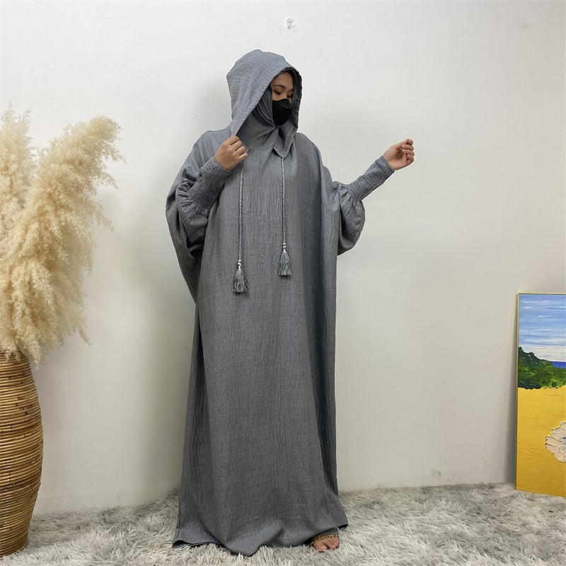 monica fashion Simple Solid Color Long Sleeves Kaftan And Batwing Style Hooded Dress - Image 4