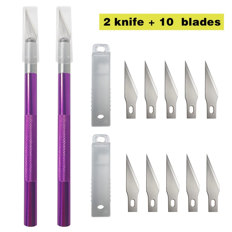 2 Aluminum Alloy Carving Knives 10 Replacement Blades Utility Knife Paper Cutter Scrapbook Tool Set Wood Carving Learning Supplies Unboxing Knife Leather Craft Art Tools Handmade Leather Goods Multifunctional Craft Knife Red - Image 1