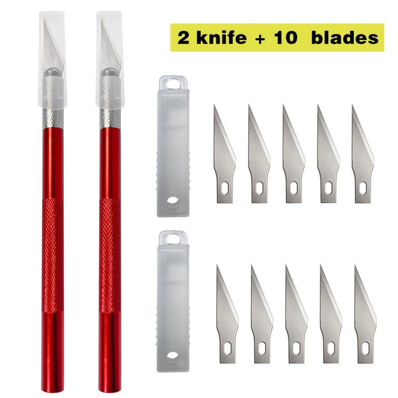 2 Aluminum Alloy Carving Knives 10 Replacement Blades Utility Knife Paper Cutter Scrapbook Tool Set Wood Carving Learning Supplies Unboxing Knife Leather Craft Art Tools Handmade Leather Goods Multifunctional Craft Knife Red - Image 3