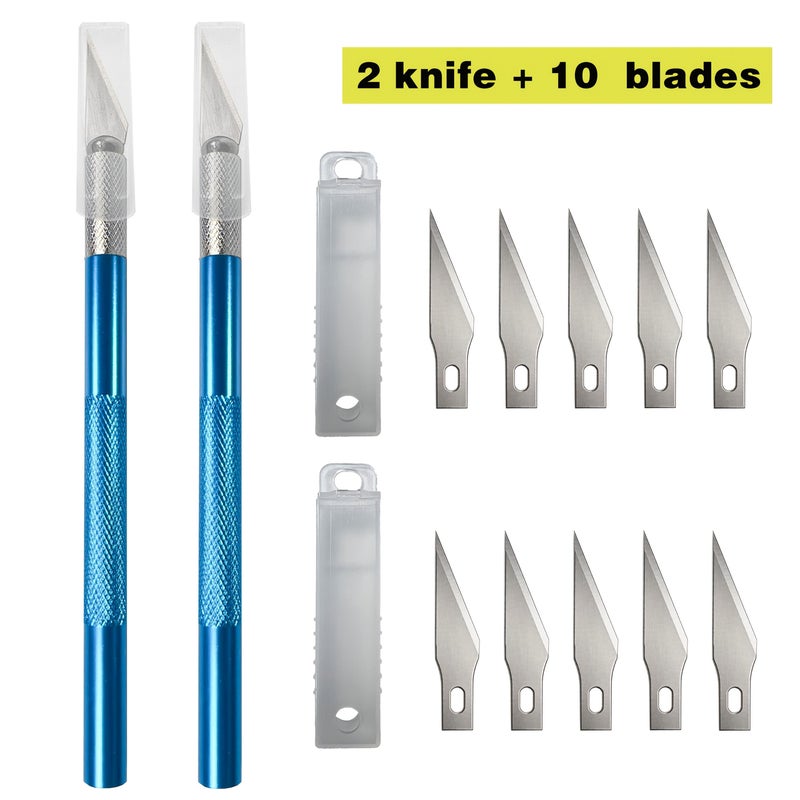 2 Aluminum Alloy Carving Knives 10 Replacement Blades Utility Knife Paper Cutter Scrapbook Tool Set Wood Carving Learning Supplies Unboxing Knife Leather Craft Art Tools Handmade Leather Goods Multifunctional Craft Knife Red - Image 4