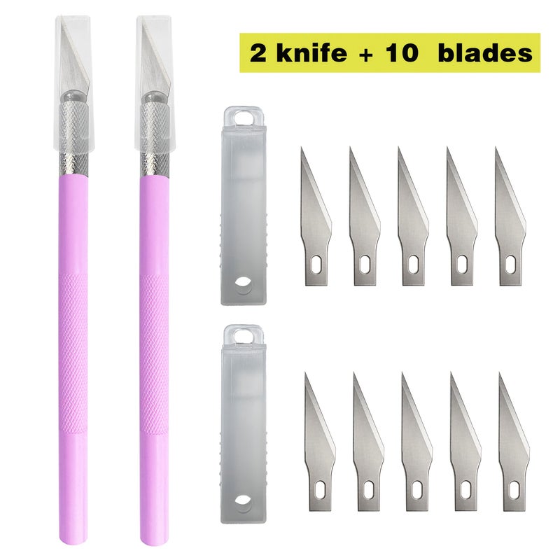 2 Aluminum Alloy Carving Knives 10 Replacement Blades Utility Knife Paper Cutter Scrapbook Tool Set Wood Carving Learning Supplies Unboxing Knife Leather Craft Art Tools Handmade Leather Goods Multifunctional Craft Knife Red - Image 2