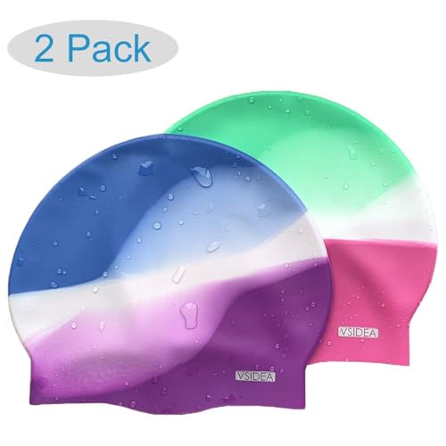 Vsidea Silicone Swim Caps, 2 Pack Durable Comfortable Adult Swimming Cap Elastomeric for Women Man Short Hair Long Hair - Image 3