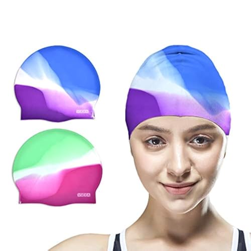 Vsidea Silicone Swim Caps, 2 Pack Durable Comfortable Adult Swimming Cap Elastomeric for Women Man Short Hair Long Hair - Image 1