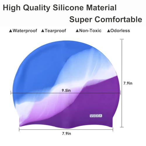 Vsidea Silicone Swim Caps, 2 Pack Durable Comfortable Adult Swimming Cap Elastomeric for Women Man Short Hair Long Hair - Image 4