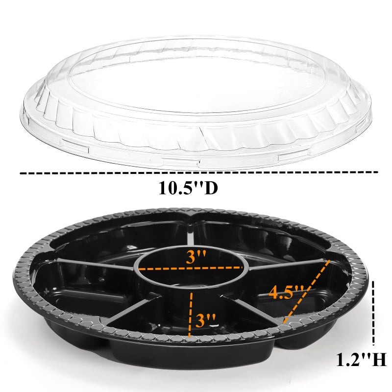 Lyellfe صينية مقبلات بلاستيكية من لييلف 30 قطعة مع غطاء صينية فواكه وخضروات قابلة للاستخدام مرة واحدة مع 6 أقسام 10.5 بوصة حاوية تقديم وجبات خفيفة متينة للسلطة والمكسرات والزيتون والحفلات - Image 2